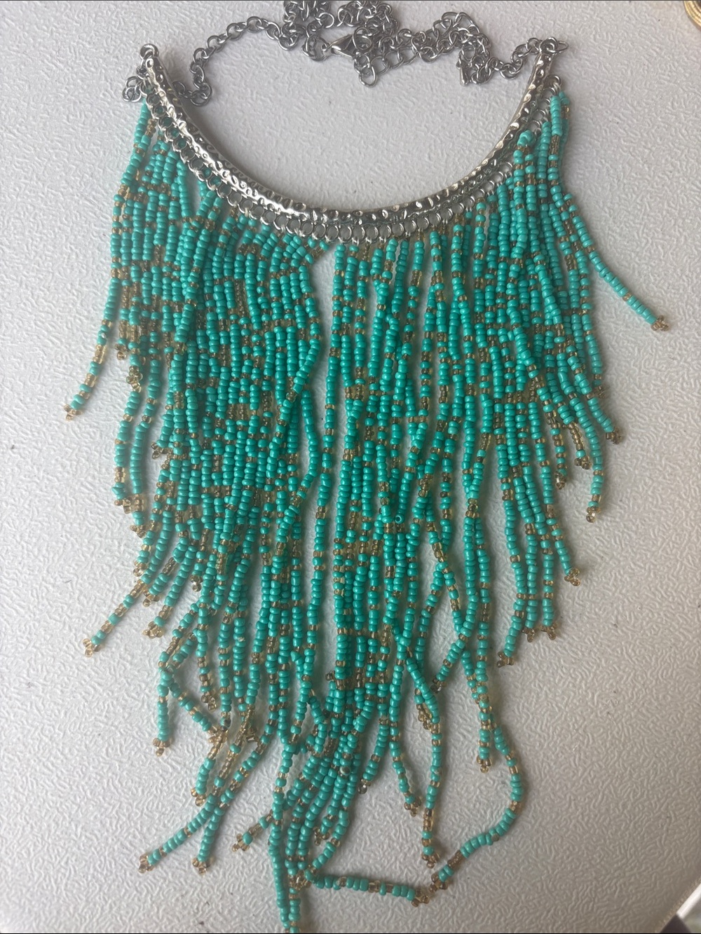 Turquoise Beaded Fringe Statement Necklace - Unbranded